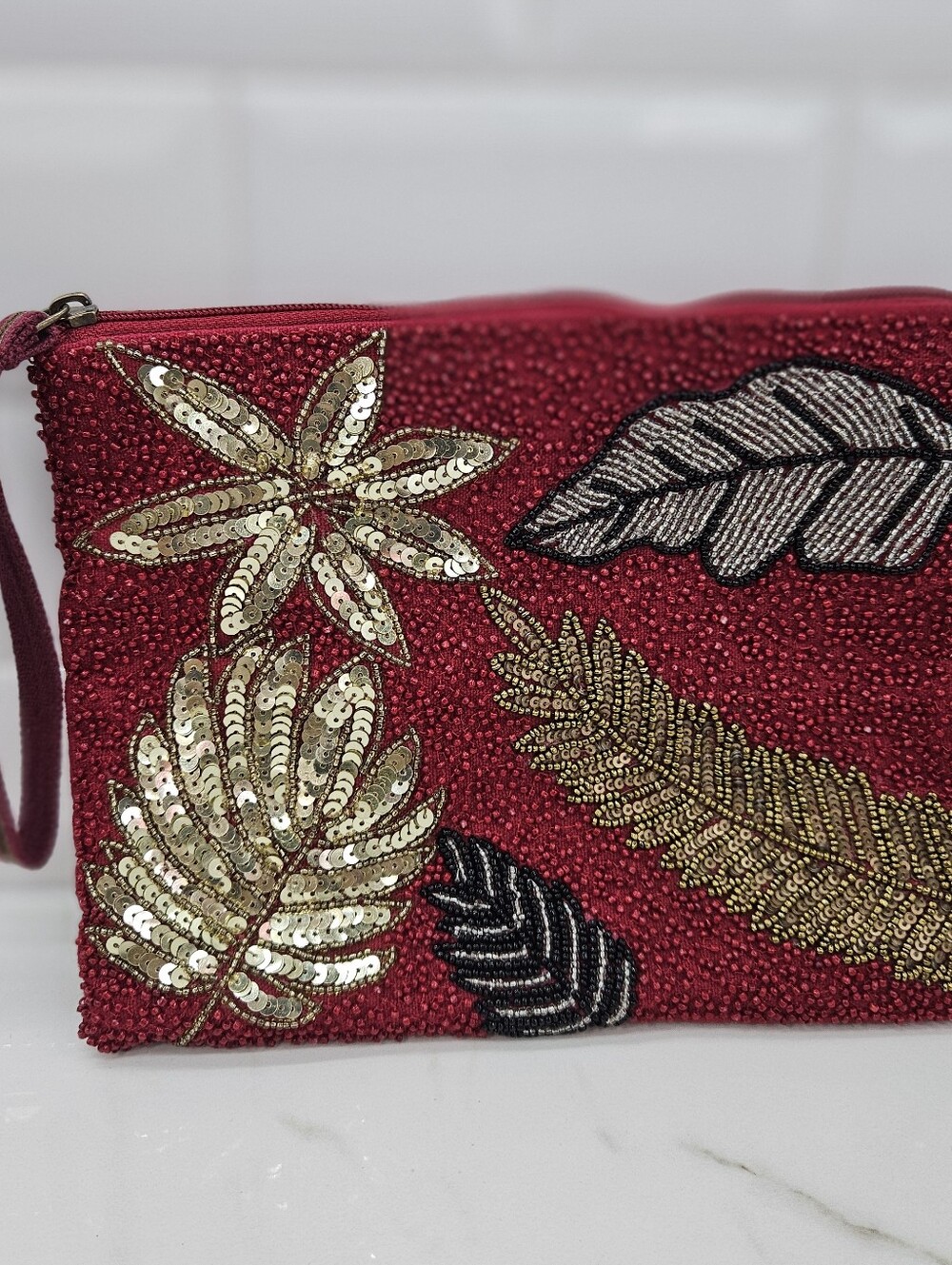 America & Beyond Red Gold Autumn Leaves Beads Sequins Pouch Zip Bag Clutch NWOT